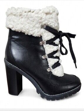 BCB Generation women's black leather faux fur heeled hiking boots size 9.5